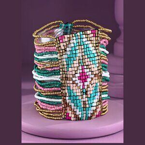 Made in India Seed Beaded Artisan Stretch Cuff Boho Western Bracelet NEW